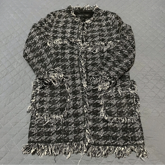 Zara Women's Tweed Black White Jacket Blazer S Houndstooth Fringe Cardigan Coat - Picture 1 of 7